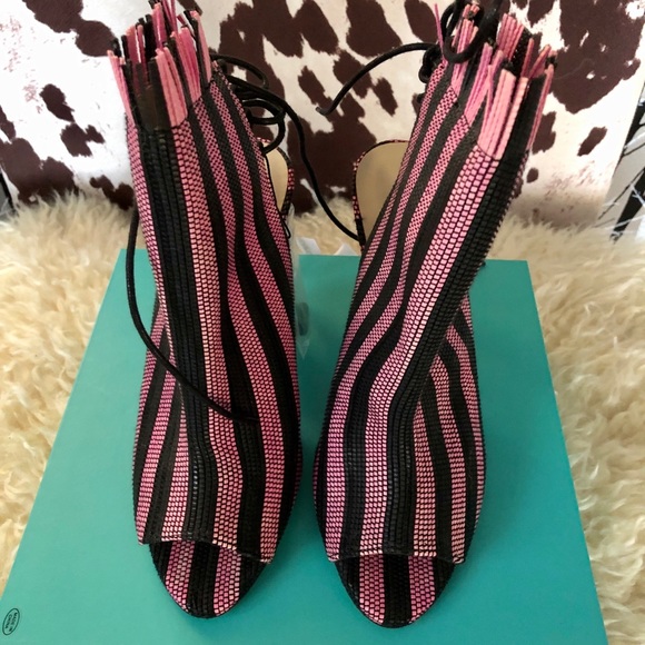 Zara Black / Pink Fuchsia woven mesh striped fringe slingback heel sandals NWT - Picture 7 of 13